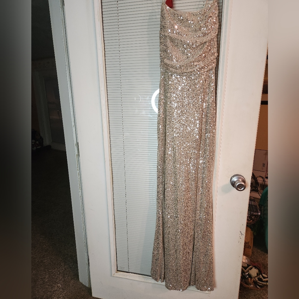 Box D Lulu's Sequence stretchy strappy shoulder and back high slit thigh. Size M